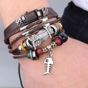 3x Boho Owl Leather Bracelets